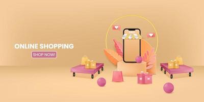 negozio di shopping online con marketing digitale di applicazioni mobili e sfondo di banner di vendita vettore