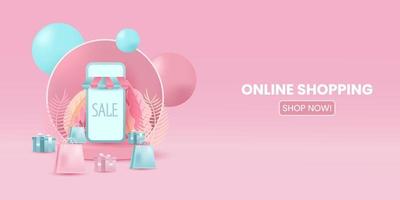 negozio di shopping online con marketing digitale di applicazioni mobili e sfondo di banner di vendita vettore