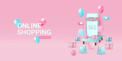 negozio di shopping online con marketing digitale di applicazioni mobili e sfondo di banner di vendita vettore