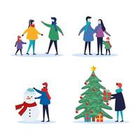 Buon Natale famiglia con regali di pino e pupazzo di neve impostare icone vettoriali design