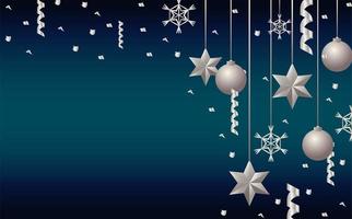 felice buon natale stelle d'argento e palline appese vettore