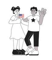 luglio 4 bambini monocromatico vettore individuare illustrazione. latina ragazza e africano americano ragazzo festeggiare America indipendenza giorno 2d piatto bw cartone animato personaggi per ragnatela ui design. isolato modificabile eroe Immagine