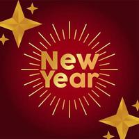 felice anno nuovo lettering card con stella dorata e sunburst vettore