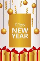 felice anno nuovo lettering card con palline dorate e regali vettore