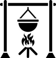 cucinando pentola su fuoco di bivacco glifo icona. vettore