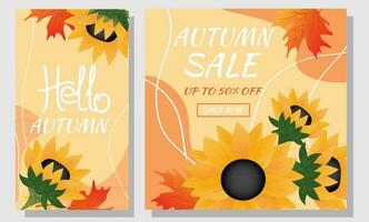 impostato autunno vendita striscioni. autunno foglie, girasoli e astratto forma su arancia sfondo. design per sociale Rete, pubblicità. vettore