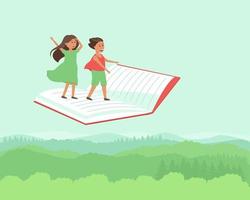 i bambini viaggiano volando sul libro vettore