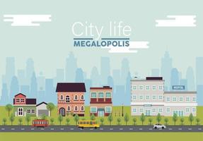 lettere di megalopoli della vita di città nella scena del paesaggio urbano con ospedale ed edifici vettore