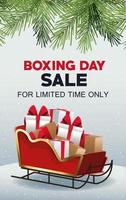 poster di vendita di boxing day con slitta di babbo natale e regali vettore