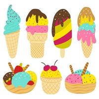 gelato set stile cartone animato cioccolato caramello frutta gelato alla vaniglia in un cono di cialda illustrazione vettoriale