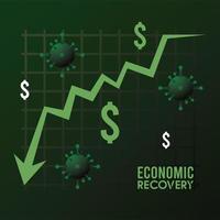 ripresa economica per poster covid19 con simboli di dollari e particelle di virus nelle statistiche freccia verso il basso vettore