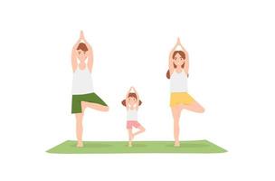 famiglia che fa yoga con bambini e genitori isolati su sfondo bianco vettore