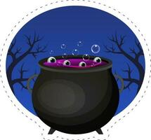 fumoso raccapricciante testo contento Halloween con occhio bollente calderone contro notte foresta blu sfondo. vettore