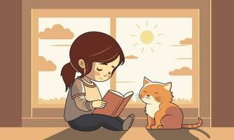 carino ragazza personaggio lettura un' libro con adorabile gatto seduta insieme su luce del sole attraverso finestra sfondo. vettore