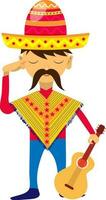 personaggio di uomo indossare messicano cappello e Tenere chitarra. vettore