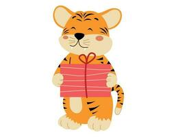 carino bambino tigre cucciolo Tenere un' scatola con un' compleanno regalo. vettore cartone animato selvaggio gatto animale.