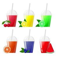 impostato plastica bicchiere con diverso succo. frutta succo nel chiaro plastica tazza. vettore illustrazione per design di fresco Prodotto, succo, in scatola cibo, menù per bar