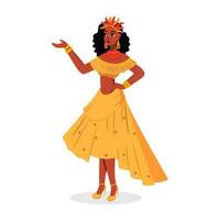 piuma copricapo indossare brasiliano femmina personaggio nel danza posa. carnevale o samba danza concetto. vettore