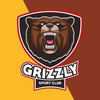 orso grizzly carattere testa selvaggia animale con scritte in scudo vettore