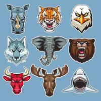 fascio di nove personaggi di teste di animali selvatici su sfondo blu vettore
