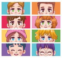 gruppo di otto simpatici ragazzi adolescenti manga anime personaggi vettore