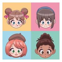 gruppo di quattro bellissime ragazze adolescenti interrazziali personaggi della testa di anime vettore