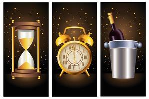 felice anno nuovo celebrazione con champagne e icone del tempo d'oro vettore