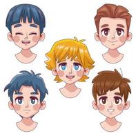 gruppo di cinque simpatici ragazzi ragazzi adolescenti manga anime teste personaggi vettore