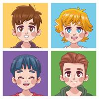 gruppo di quattro simpatici ragazzi ragazzi adolescenti manga anime teste personaggi vettore