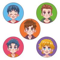 gruppo di cinque simpatici ragazzi ragazzi adolescenti personaggi manga anime vettore