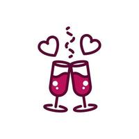 bicchieri di vino acclamazioni amore cuori celebrazione bevanda bevanda icona linea e riempito vettore