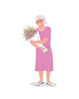 donna caucasica senior felice con carattere dettagliato di vettore di colore piatto dei fiori