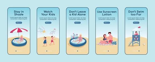 regole di sicurezza sulla spiaggia insieme di modelli di vettore piatto dello schermo dell'app mobile di bordo