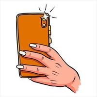foto sul telefono telefono in mano in stile cartone animato selfie vettore