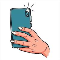 foto sul telefono telefono in mano in stile cartone animato selfie vettore