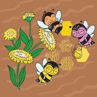 illustrazione vettoriale di un'ape su un campo tra i fiori raccogliere il nettare su uno sfondo marrone