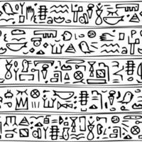 antico disegnato a mano nero linea senza soluzione di continuità modello con geroglifici simboli di le persone, animali e astratto segni simile per egiziano su bianca sfondo vettore