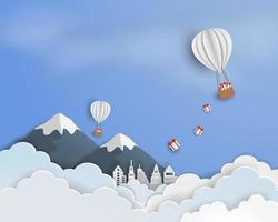arte di carta dello sfondo del cielo blu con palloncino bianco e confezione regalo che galleggia nell'aria vettore