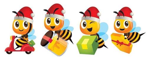 cartone animato carino ape set indossando cappelli di Natale consegna regali vettore