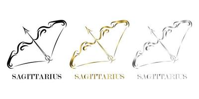linea logo vettoriale di arco e freccia è segno dello zodiaco Sagittario tre sono tre colori nero oro argento
