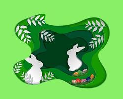 giorno di Pasqua con coniglio e uovo colorato sullo sfondo della scena artistica del libro verde vettore