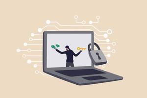ransomware criminalità informatica attacco hacker rete aziendale chiedere soldi per sbloccare dati tramite internet concetto hacker nel computer monitor laptop chiedere riscatto per sbloccare il computer vettore