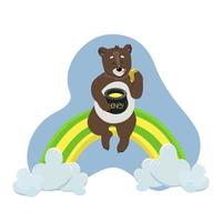 simpatico orso seduto su un arcobaleno e con in mano un vaso di miele nelle sue zampe illustrazione vettoriale per bambini in stile cartone animato piatto isolato