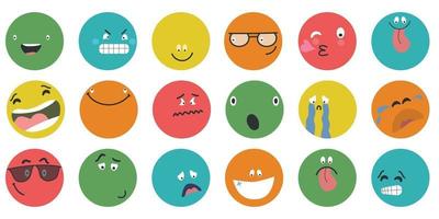 facce comiche astratte rotonde con varie emozioni diversi personaggi colorati stile cartone animato design piatto set di emoticon facce emoji emoticon sorriso espressione faccina digitale emozione sentimenti chat messaggero emoticon cartone animato vettore