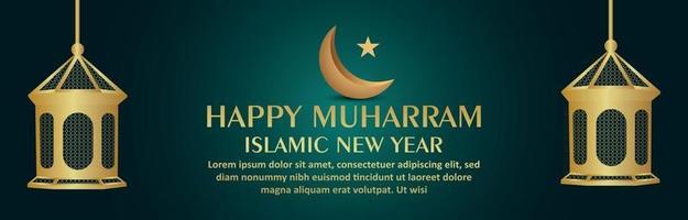 felice anno nuovo islamico banner celebrazione muharram con lanterna dorata islamica e luna vettore