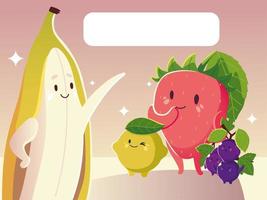 frutta kawaii divertente cartone animato banana limone fragola e uva vettore