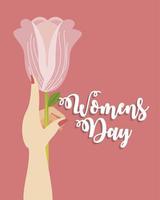 mano femminile del giorno della donna sollevata con fiori in stile cartone animato vettore