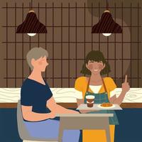 cameriera caffè e cliente femmina seduta mangiare vettore