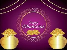 felice dhanteras celebrazione biglietto di auguri con pentola moneta d'oro vettore