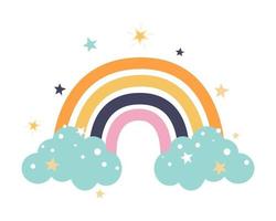 arcobaleno colorato carino con nuvole blu stelle su uno sfondo bianco illustrazione vettoriale di cartone animato piatto arredamento per bambini poster cartoline abbigliamento e interni